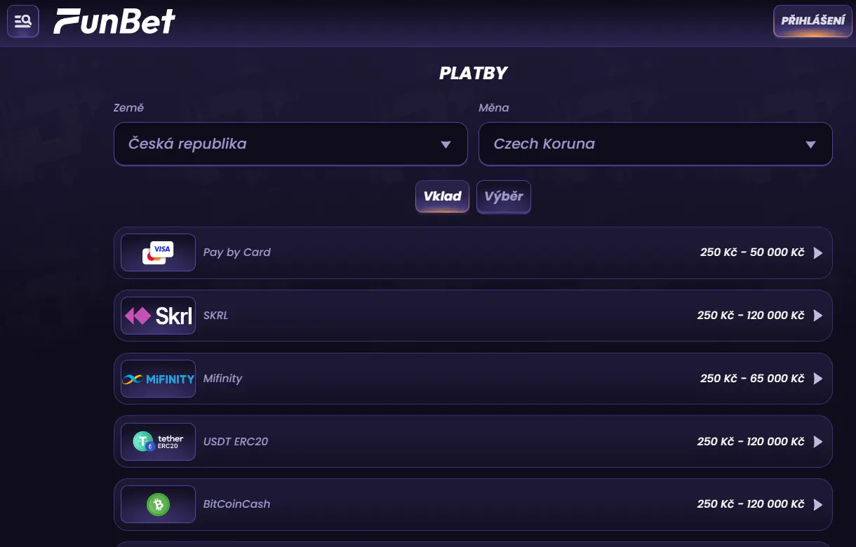 FunBet platební metody: vklady, CZK a dostupnost pro Česko