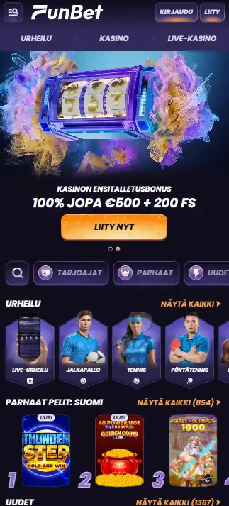FunBet otevřený v mobilním prohlížeči s hlavní navigací a herní nabídkou