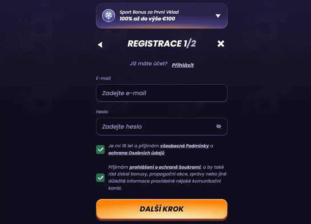 Registrační stránka FunBet s volbou nabídky a přechodem k vytvoření účtu