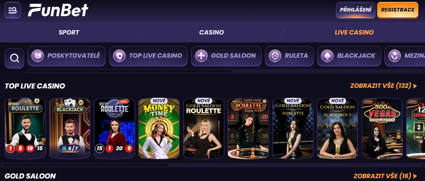 Live casino FunBet s nabídkou rulety, blackjacku a živých her