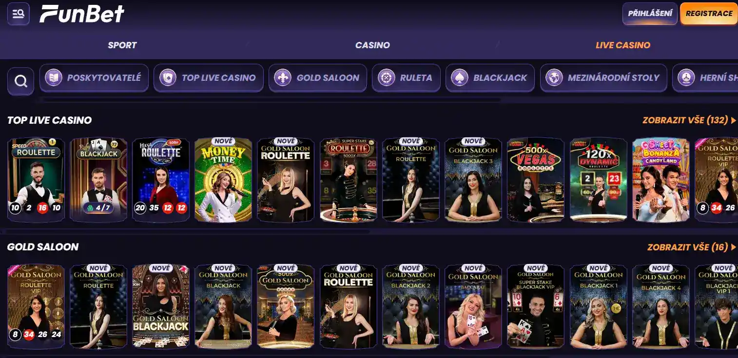 Rozhraní FunBet s hlavní navigací kasina a sekcí živých her